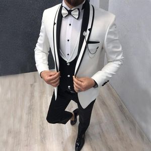 High Quality One Button Ivory Wedding Men Suits Shawl Lapel Three Pieces Business Groom Tuxedos (Jacket+Pants+Vest+Tie) W1082