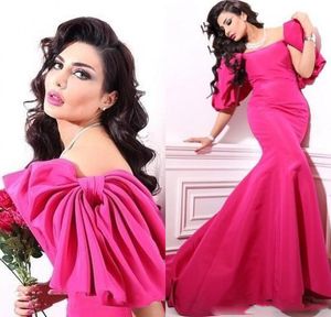 2019 Middle East Vestidos Evening Dresses Scoopes Capped Sleeve Fuchsia Bow Mermaid Prom Dress Elegant Vintage Party Gown