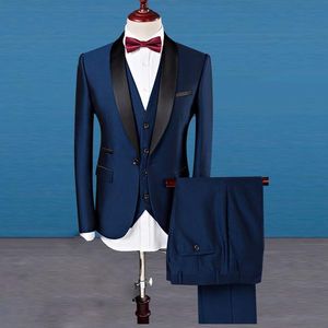 New Fashion Navy Blue Slim Fit Groom Tuxedos Black Lapel Groomsmen Mens Wedding Dress Excellent Man 3 Piece Suit(Jacket+Pants+Vest+Tie) 622