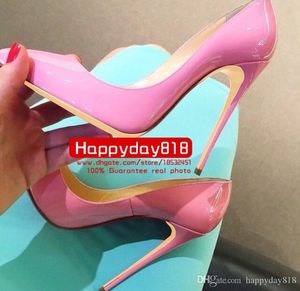 Rahat Tasarımcı Seksi Lady Moda Kadın Ayakkabı Pembe Patent Deri Sivri Toe Stiletto Stripper Yüksek Topuklu Balo Akşam Pompaları Büyük Boy 44 12 cm