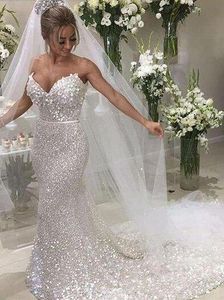 Sparkle Beyaz Pullu Aplike Straplez Seksi Mermaid Gelinlik Tren Lüks Madeni Pul Dantel Düğün Gelin Törenlerinde Vestidos De Novia