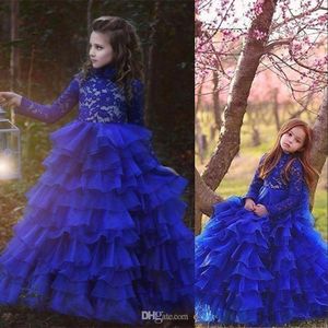 New Royal Blue Organza Pageant Long Sleeves Jewel Neck Kids Ruffles Prom Dresses Birthday Party Gowns For Little Girls