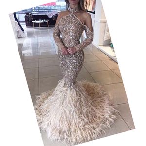 Luksusowe Frezowanie Piórko Seksualna Mermaid Prom Dress Bliski Wschód Arabia Lady Prom Event Party Nosić Custom Made Długie Rękawy Maxi Suknie Vestidos