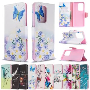 Moda Skórzany Portfel Przypadki dla Samsung S22 Ultra A23 5G A73 A03 Core A13 4G A33 A53 M52 S20 Plus Elephant Butterfly Kwiat Cartoon Identyfikator Karta Uchwyt Stań Stojak Pokrycie