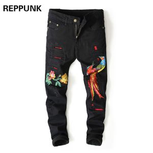 Fashion Skinny Black Jeans Destroyed Men Patchwork Broken Pencil Pants for Male Hip Hop Embroidered Phoenix Flowers Boy Trousers