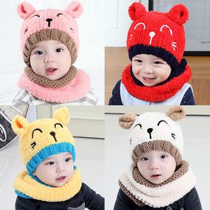 冬の赤ちゃんの帽子とスカーフかわいい3D猫かぎ針編みのニットキャップ幼児男の子の女の子子供キッズネックウォーマーDa178