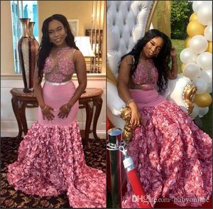 Size Cascading Plus Pink Rose Flowers African Mermaid Prom Dresses 2019 See Through Appliques Beads Evening Gowns Party Dress Ogstuff