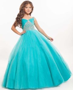 Nowe miętowe turkusowe dziewczęce sukienki na konkurs piękności Sweetheart kryształowa suknia balowa wyszywana koralikami długi pociąg typu Sweep Kids Girls Dress urodziny suknie komunijne