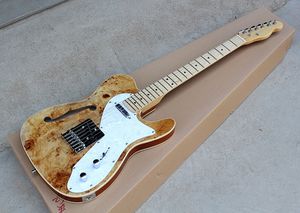 Hot semi-ihålig elektrisk gitarr med burl faner, vit pärla pickguard, lönn fretboard, krom hårdvara, som erbjuder anpassning.