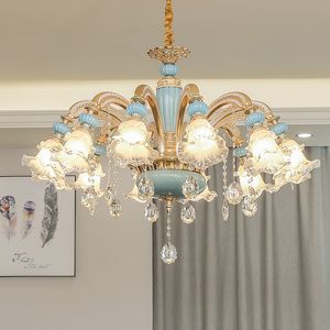 European Style Living Room Chandelier Luxury Crystal Lamp Atmosphere Bedroom Restaurant Gold Chandelier Lighting Blue Ceramic Pendant Lamps