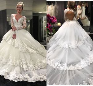 Three Layers Skirt Long Sleeve Wedding Dresses Ball Gowns Lace Dress V-neck Open Back Applique Ball Gown Wedding Dress Bridal Gowns Plus