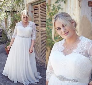 بالإضافة إلى حجم فساتين الزفاف مع بلورات وشاح نصف الأكمام Vestidos de Novia Boho Chiffon Bridal Bridal