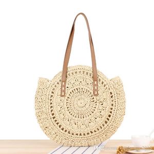 Factory wholesale women handbag summer simple circular straw bag hand-woven womens shoulder bags sweet hollow crocheted beach handbags