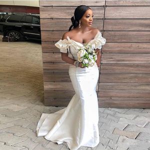 Ruched Elastic White Stain Mermaid Bridesmaid Sweep Train Maid of Honor Gowns Off the Shoulder Party Evening Dresses