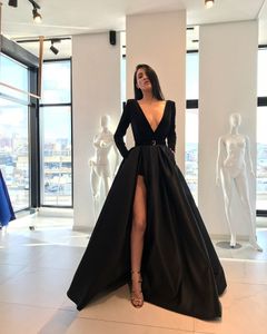 Muzułmańskie Czarne Luksusowe Suknie Suknie Side Side Long 2019 V-Neck Line Długie Rękawy Seksowna Islamska Dubai Saudi Arabska Długa Wieczorowa Suknia Prom Dress