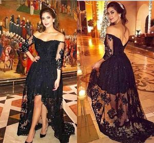 Modest Black Lace Off-Shoulder 3/4 Long Sleeve Evening Dresses Beaded Appliques Asymmetrical Special Occasion Dresses Sexy Back Prom Dress