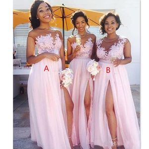Cheap Country blush pink bridesmaid dresses 2019 Sexy sheer Jewel neck lace appliques maid of honor dresses split formal evening gowns wear
