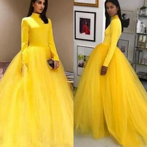 사우디 아라비아 노란색 이브닝 드레스 새로운 도착 높은 목 긴 소매 정장 휴일 파티 드레스 맞춤 제작 플러스 사이즈
