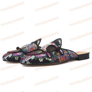 New flower pattern men Round Toes Shoes silk mules for parties and banquet men's slippers leather insole plus size