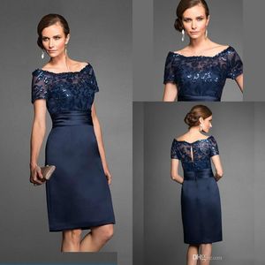 Navy Blue Mother Of The Bride Dresses Boat Neck Elegant High Quality Knee Length Short Beach Wedding Party Gown Plus Size Backless Sequined