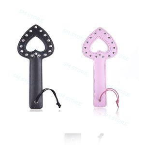 Bondage For Play Black/Pink Heart Shape Rivet Paddle Floggar Riding Crop Whip 854T