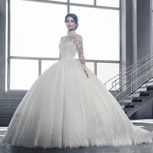 럭셔리 레이스 볼 가운 웨딩 드레스 높은 목 긴팔 브라 가운 가운 길이 흰 드레스