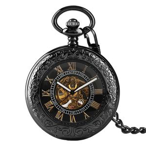 Steampunk Antique Pocket Watch Roman Numerals Black Automatic Mechanical Watches Men Women Skeleton Clock with Pendant Chain Gift