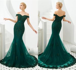 Sexig mörkgröna sjöjungfrun kvällsklänningar av axelpärlad av sequined tiered tulle backless robe de soiree formell prom klänning bär