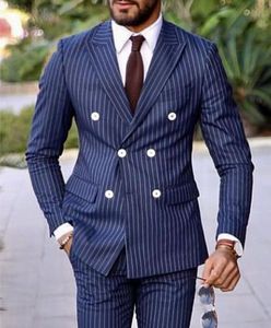 Vendita calda doppiopetto strisce blu navy abiti da uomo da sposa risvolto picco due pezzi smoking da sposo business (giacca + pantaloni + cravatta) W1217