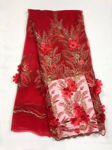 5yards pc nice looking red french net lace fabric with beads flower embroidery african mesh lace for dress qn738