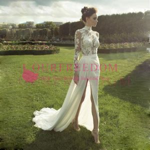 High Fashion White Chiffon Leg Split Slit Long Sleeves Sheer Wedding Dress Back Hollow Summer Bride Maxi Gown Gorgeous Bridal
