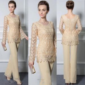 New Mother Off Bride Dresses Pant Suits Yellow Chiffon Jewel Neck Lace Long Sleeves Plus Size Two Pieces Custom Wedding Guest Evening Gowns 403