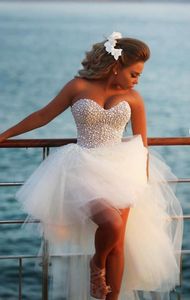 New Style Sweetheart Bling Short Puffy Prom Dressess Short Front Long Back Party Gown Pearls White High Low Prom Dresses HY818