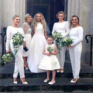 Uzun Kollu Şerit Bow Bateau Pant Suit Gelinlik Giydirme Düğün Kadınlar Abiye Ucuz Beyaz Saten Tulum Wedding Guest Elbiseler