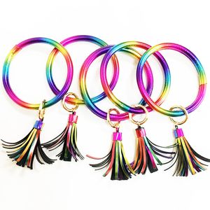 Tassel Keychain Rainbow Hand Ring Bracelets Fashion Colorful Circle Round Leather Bangles Bracelets Women Girl Charms Chain Jewelry Keyrings