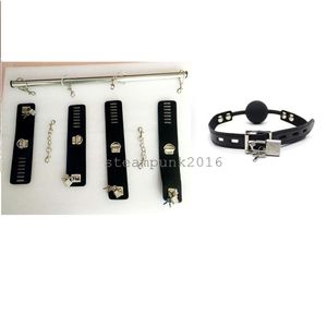 Bondage Spreader Bar Ankle Wrist Cuffs Leather Pad Locks Striper and Mouth gag open sexy #R43