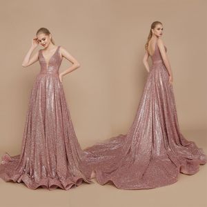 Riccasposa Rose Gold Evening Dresses Deep V Neck Sequins Sleeveless Prom Gowns Sweep Train Backless Formal Party Gowns