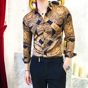 Camicie casual da uomo Camicia con stampa oro di lusso Abito da uomo a maniche lunghe di marca di moda Slim Tuxedo Street Wear Club Top sociale