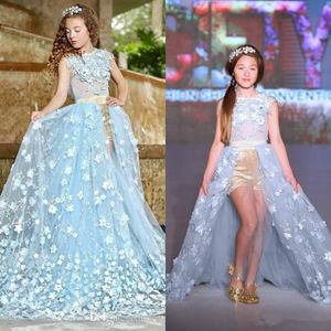파란색 뜨거운 판매 공주 꽃 소녀 드레스 결혼식 레이스 아이 형식 착용 패션 대회 의상 튤가 가운