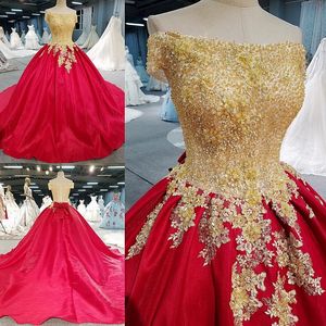Saudi Arabia vestidos de novia Sparkling 3D Applique with Gold Beading Court Train Ball Gown Wedding Dress Real Pictures
