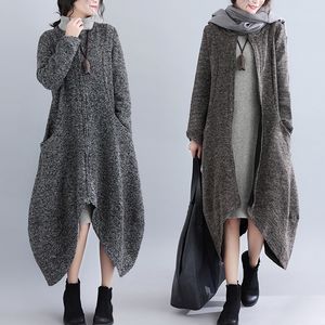 Kvinnorsullblandningar Höst Vinter Lång jacka Kvinnor Casual Loose Round Neck Asymmetrisk dragkedja Blandad Woolen Coats Plus Storlek