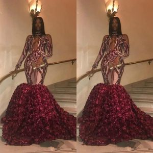 Black Girl Burgundia Mermaid Prom Dresses Wysokiej szyi Aplikacje Koraliki Kwiaty Ruffles Z Długim Rękawem Suknie Wieczorowe Afryki Formalna Party Dress