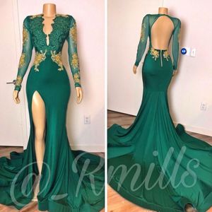 New Sexy Backless Prom Dresses Mermaid Long Sleeves Hunter Green Gold Lace Beaded Deep V Neck Special Occasion Evening Gowns