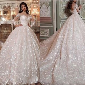 Dubai Arabic Embroidered Lace Sequins Ball Gown Wedding Dresses Gorgeous Long Sleeves Sheer Crew Neckline Church Bridal Gowns AL3325