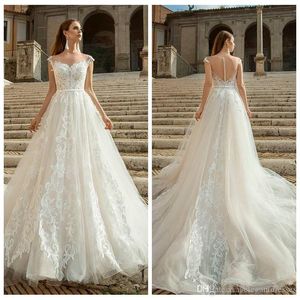 Elegante Sheer A-Line vestidos de noiva vestidos de noiva colher Zipper Formal longo Lace apliques Garden baratos Vestidos De Casamento personalizado