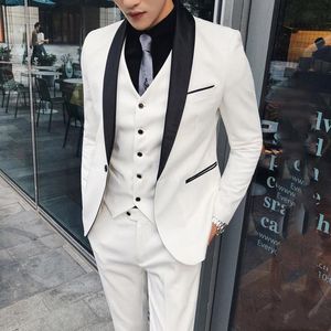 Wysokiej jakości jeden przycisk Ivory Wedding Groom Tuxedos Szal Kapel Groomsmen Mężczyźni Formalne Garnitury Prom (kurtka + spodnie + kamizelka + krawat) W141