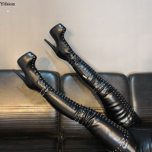 Rontic Women Platform Sexy Rivets 허벅지 높은 부츠 스틸 레토 하이힐 부츠 라운드 발가락 멋진 검은 신발 여성 플러스 미국 크기 5-15