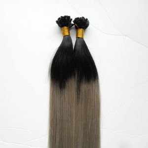 Virgin Chinese Straight Remy Hair 100s Two tone ombre Pre Bonded keratin Nail U TIP Human Hair Extensions Black And Grey Ombre Virgin Hair
