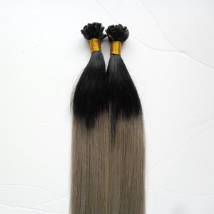 Virgin Chinese Straight Remy Hair 100s Two tone ombre Pre Bonded keratin Nail U TIP Human Hair Extensions Black And Grey Ombre Virgin Hair