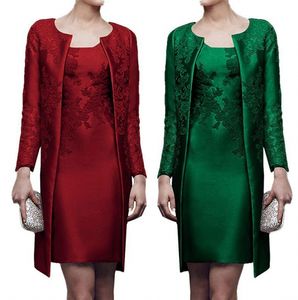 Knee Length Short Mother's Dresses with Jacket Coat Long Sleeve Lace Satin Mother of Groom Suit Wedding Guest Party Gowns